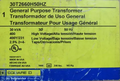 NEW SQUARE D 30T2660H50HZ TRANSFORMER 30 KVA 3Ø 50HZ