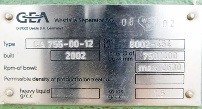 (7) Westfalia CA 755-00-12 decanter centrifuges, 2205SS.