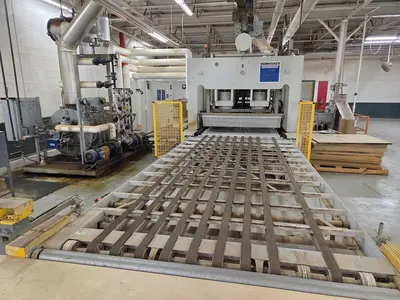 WEMHONER 5’ x 10’ SINGLE-OPENING SHORT-CYCLE FEED-THROUGH HOT PRESS WITH AUTOMATIC MATERIAL MEASURING/PRESSURE SYSTEM