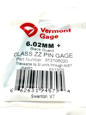 USED VERMONT GAGE BLACK GUARD CLASS ZZ PLUS PIN GAGE