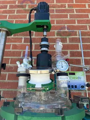 USED CHEMGLASS 100 LITER JACKETED GLASS REACTOR W/ CHEMGLASS DIGITAL OVERHEAD STIRRER
