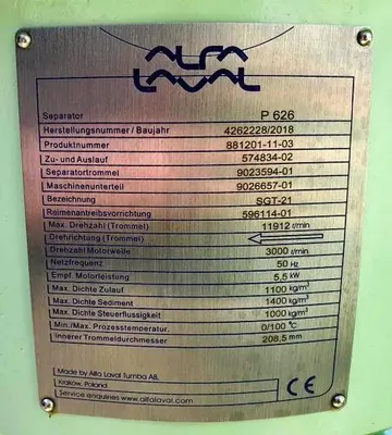 Alfa-Laval P-626 lube oil purifier module, 316SS.