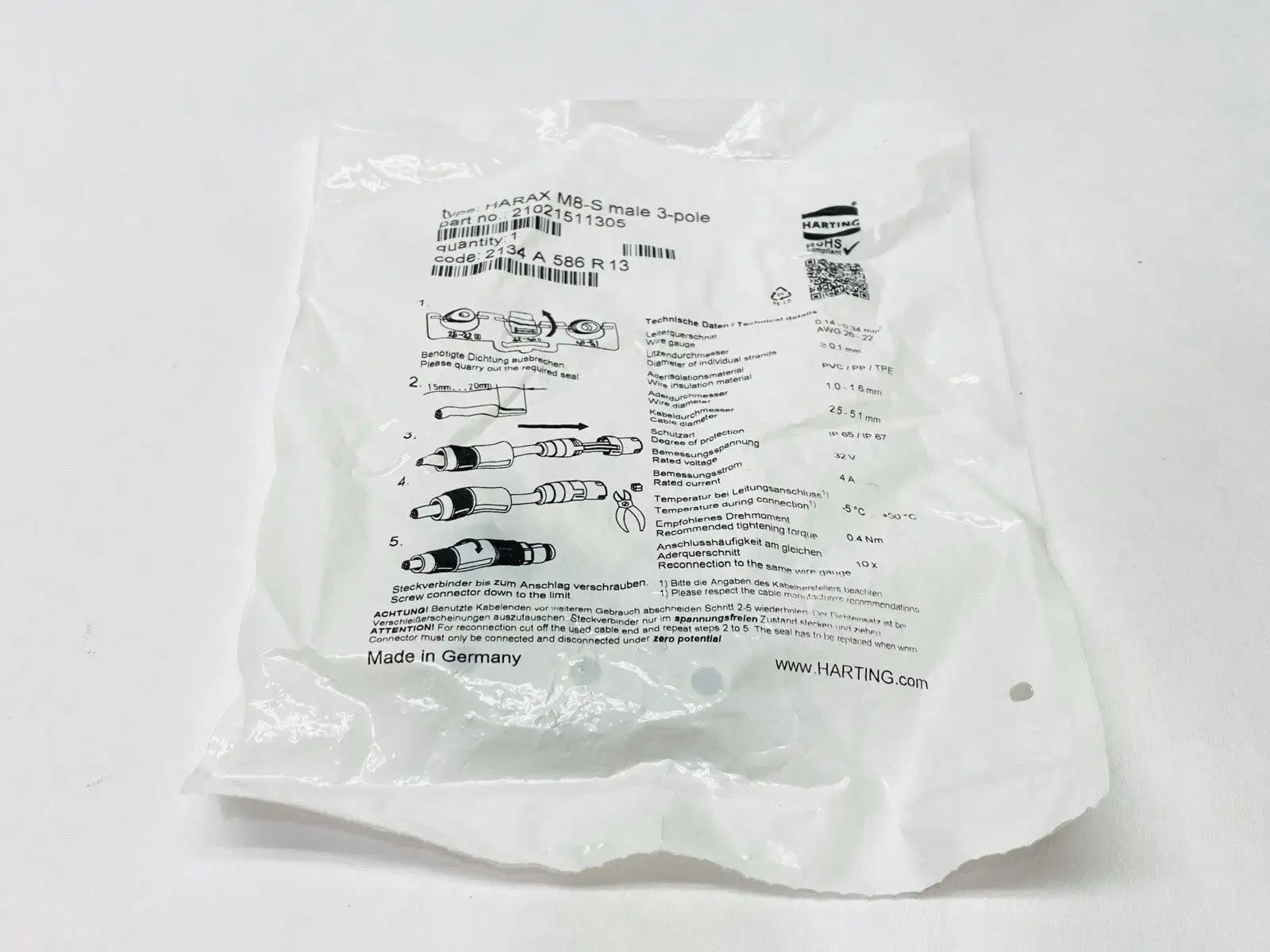 HARAX M8-S Male 3-Pole,21021511305 | Harting HARAX M8-S Male 3-Pole Circular Connector M8 21021511305 - New
