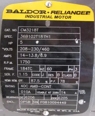NEW BALDOR CM3218T MOTOR 5HP 208-230/460V 1750RPM 184TC