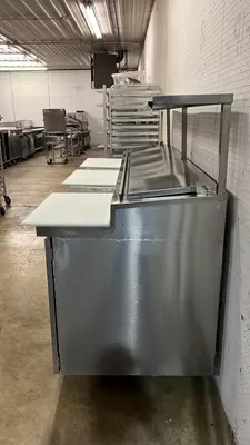 Used Kairak Used 91" Kairak KBP-91S 3 Door Refrigerated Stainless Steel Prep Table - 115V - JJ - 2 Food Prep Tables Illinois US | Falcon Restaurant Supply #1373526