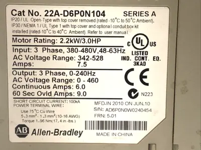 USED ALLEN-BRADLEY ALLEN BRADLEY 22A-D6P0N104 SER A POWERFLEX NO COVER