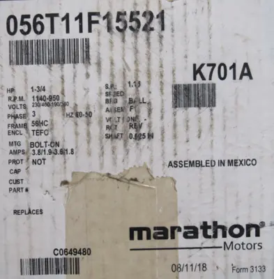 NEW MARATHON K701A MOTOR 1-3/4HP 230/460V 056T11F15521