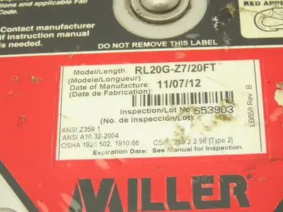 Miller RL20G-Z7 Mighty Lite Self Retracting Fall Safety Lifeline 20' L 310lbs