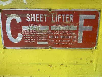 20,000 LB X 84" X 32" TO 62" WIDE CF CULLEN FRIESTEDT ADJUSTABLE PARALLELOGRAM SHEET LIFTER: STOCK #20437