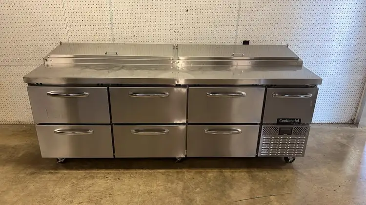 Used Continental Used 2023 93" Continental PA93N-D Pizza Prep Table w/ Refrigerated Base, 115v - STS Food Prep Tables Illinois US | Falcon Restaurant Supply #1373509