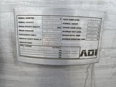Used ADI Laval 2100 Gallon Tank, 304 Stainless Steel