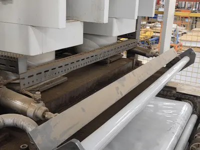 WEMHONER 5’ x 10’ SINGLE-OPENING SHORT-CYCLE FEED-THROUGH HOT PRESS WITH AUTOMATIC MATERIAL MEASURING/PRESSURE SYSTEM