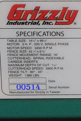 USED 2002 Grizzly G9953ZX - 16" JOINTER