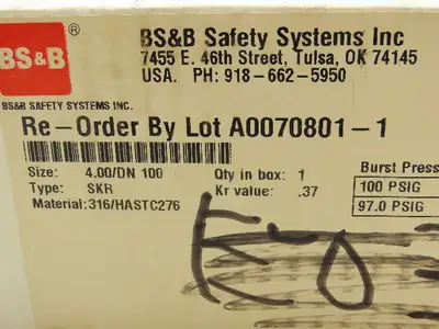 BS&B Safety Systems Rupture Disk 4" Type SKr 100 psig @ 72°F 97 psig @ 150°F