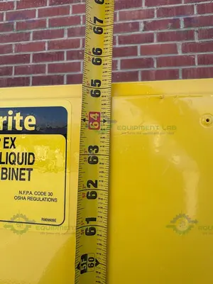 USED JUSTRITE 45 GALLON FLAMMABLE LIQUID STORAGE CABINET W/ SOFT CLOSE DOORS, KEY