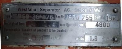 Westfalia SB 60-36-076 self-thinker clarifier centrifuge, 316SS.