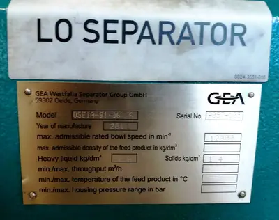 Westfalia OSE 10-91-067/6 lube oil purifier.