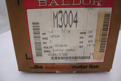 NEW BALDOR  M3004 MOTOR .25HP 1140RPM 3PH 60HZ STOCK 4521