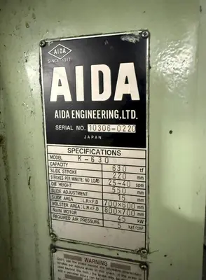 Used 1991 AIDA K-630 Knuckle Joint Presses Ohio US | G-2000, Inc. #1311651