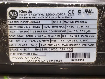 Allen Bradley MPL-B330P-MK74AA Inverter Duty AC Servo Motor 2.4 HP PN-12152 Used