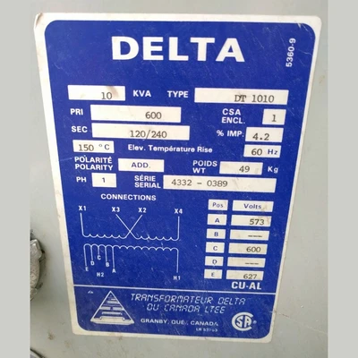 Delta 10 kVA Transformer