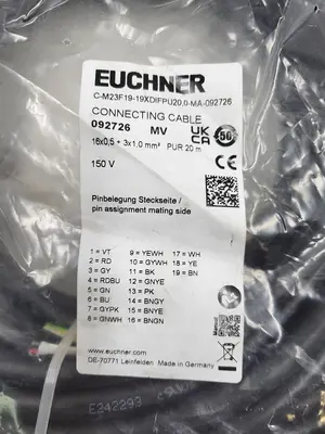 New | in-Stock EUCHNER EUCHNER 19 PIN C-M23F19-19XDIFPU 20 METERS LONG CONNECTING CABLE *NEW SEALED BAG* Cable & Wire | ND Industrial Surplus #1216764
