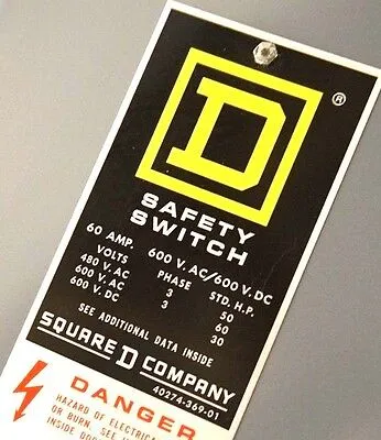 NEW SQUARE D HU-362-RB SAFETY SWITCH SER. E1 600V, 60A, HU362RB