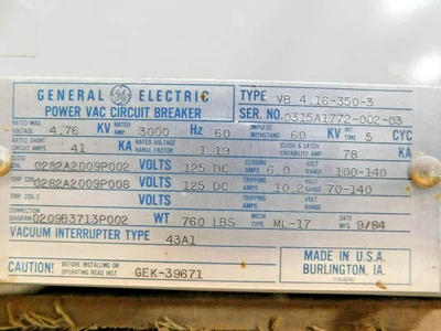 Used GE VB 4.16-350-3 Circuit Breakers Ohio US | Equipment Recovery Corp. #1330503
