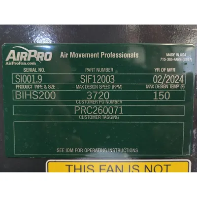 Used AIRPRO FAN & BLOWER COMPANY BIHS200 Centrifugal Fans West Virginia US | JM Industrial #1323293