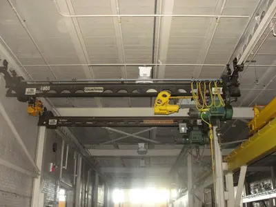 SPC9226  Material Handling Equipment Cleveland Tramrail 2 ton capacity bridge crane 20' span, two hoists on 2 bridges