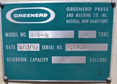 USED 1990 GREENERD PRESSES GREENERD HPB-5 PRESS
