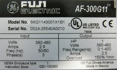USED FUJI ELECTRIC 6KG1143001X1B1 AC DRIVE 1HP 380-480V AF-300G11 OPCG11SPDP