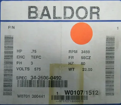 NEW BALDOR 34-2606-0492 MOTOR 3/4HP 575V 3PH 3450 RPM 56CZ 3426060492