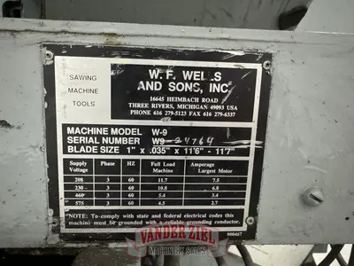 Used W.F. WELLS W-9 HORIZONTAL SAW Horizontal Band Saws Michigan US | Vander Ziel Machinery Sales #482870