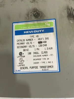 SOLA Hevi-Duty HS1F1.5AS 1.5KVA Transformer 240/480V 120/240V 60Hz 1PH