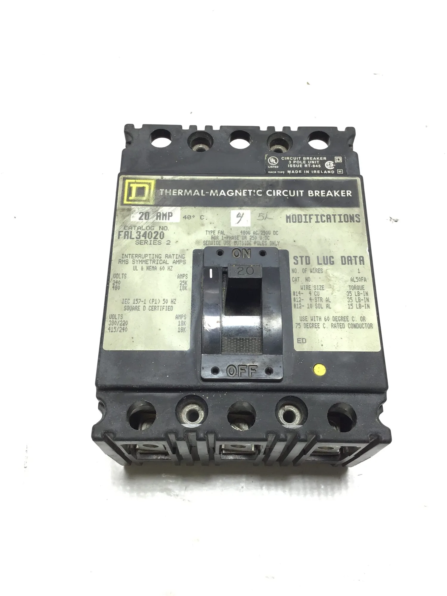 Square D FAL34020 Series 2  20AMP Thermal Magnetic Circuit Breaker 3 Pole