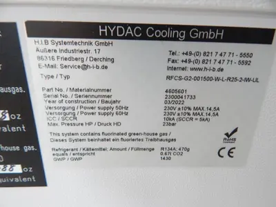 Used H.I.B. SYSTEMTECHNIK RFCS-G2-001500-W-L-R25-2-IW-UL Chillers Texas US | Aucto #1307294