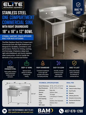 Elite Stainless Steel One Compartment Commercial Sink with Right Drainboard - 18" x 18" x 12" Bowl