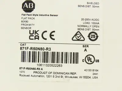 Allen Bradley 871F-R50N80-R3 Flat Pack Proximity Sensor 50mm Sensing 20-250V