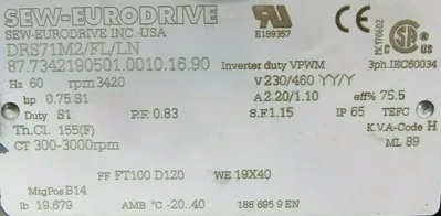 NEW SEW EURODRIVE DRS71M2/FL/LN MOTOR 230/460V DRS71M2FLLN