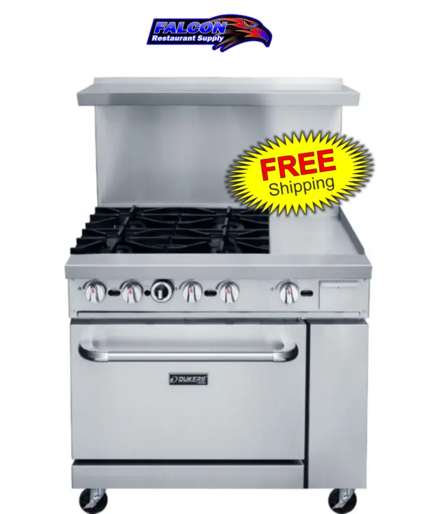 New | in-Stock Dukers New Dukers DCR36-4B12GM 36" Gas Range with Four (4) Open Burners & 12" Flat Top Griddle Commercial Ranges Illinois US | Falcon Restaurant Supply #1376280