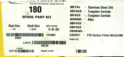 NEW CHESTERTON 180 SPARE PARTS KIT 639620 SEAL SZ.-13 SHAFT SZ.1.625