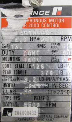 USED RELIANCE ELECTRIC B14H1062N-PU MOTOR 4HP 2000RPM 140C