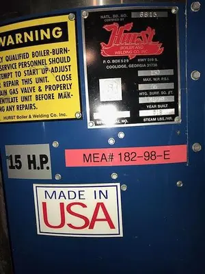 Hurst High Pressure Boiler 15 HP like new!