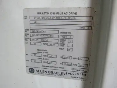 ALLEN BRADLEY 1336 PLUS 1336S-B025CAJ-CP-HJ2C-JA-JF-JR 25 HP AC Drive 460V
