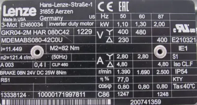 NEW LENZE GKR04-2M-HAR-080C42 GEAR MOTOR/BRAKE MDEMABS-080-42C0U