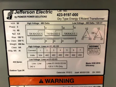 Factory New 30 KVA Dry Type Transformer 480 Delta 240 Delta CT120 10 Year Warranty 423-9197-000