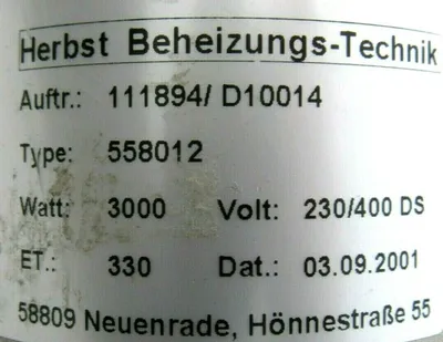 NEW HERBST 111894/D10014 HEATER 558012 3000W 230/400V 111894D10014