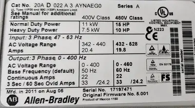 Allen Bradley 20AD022A3AYNAEG0 Ser A PowerFlex 70 AC Drive (BIN3.6.4)