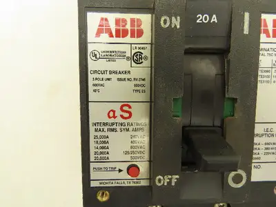 ABB Type ES Circuit Breaker 20A 3PH 600VAC Metal Long Reach Handle